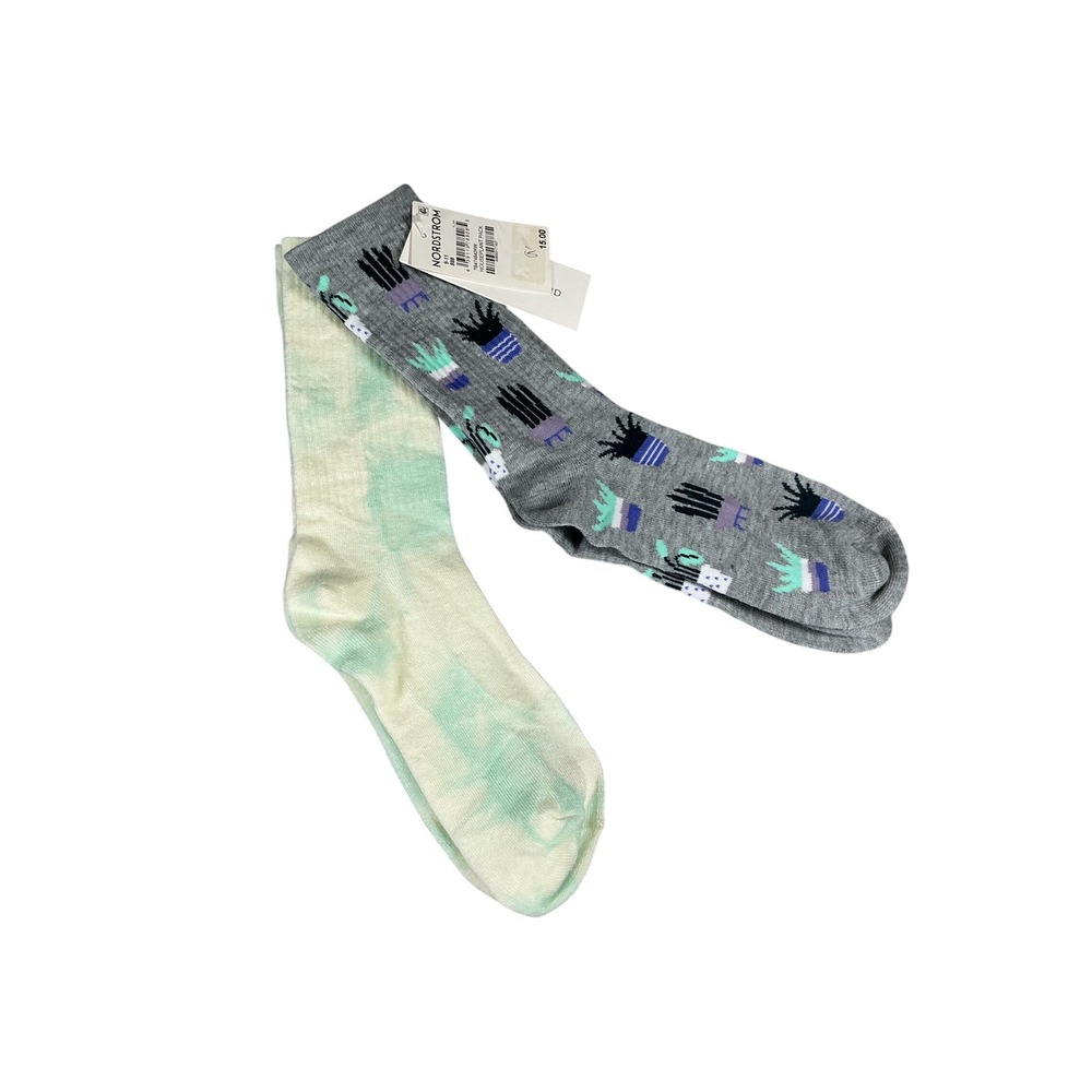 Nordstrom Houseplant Pack Crew Socks 2PR Gray Plant Print Tie Dye Women 9-11 NWT